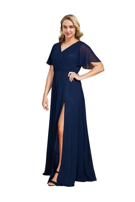 Affordable Chiffon V-Neck Short Sleeves Long Formal Bridesmaid Dress / Prom Dress with High Slit