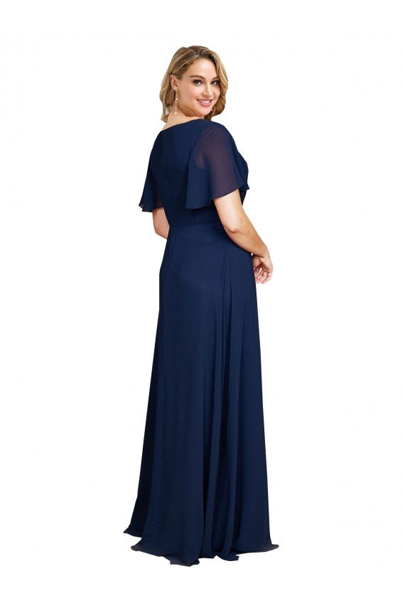 Affordable Chiffon V-Neck Short Sleeves Long Formal Bridesmaid Dress / Prom Dress with High Slit