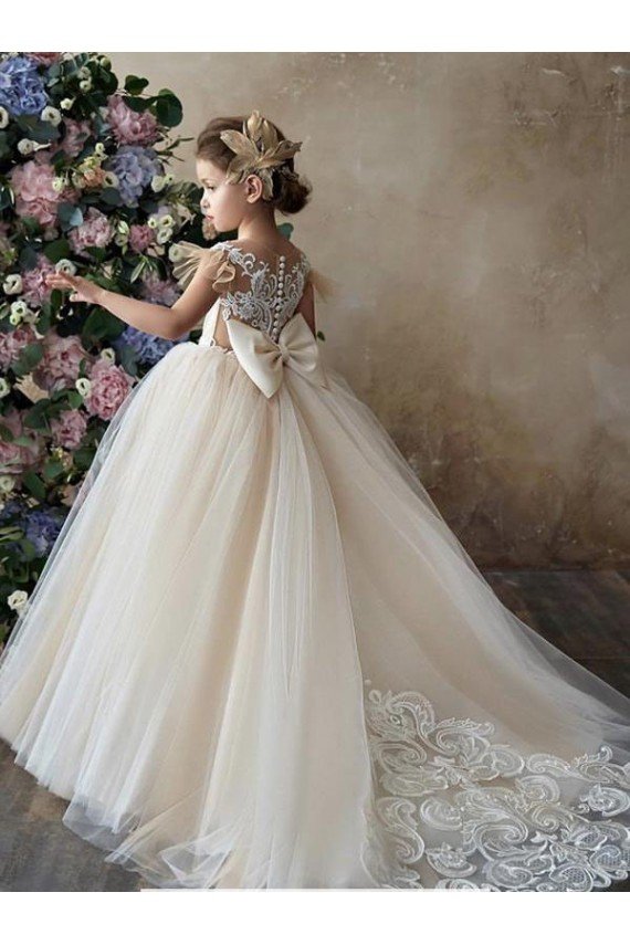 Affordable Champagne Ball Gown Sweetheart Chapel Train Sleeveless Flower Girl Dress