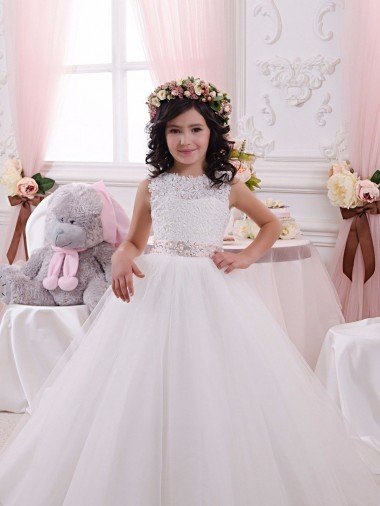 Affordable Ivory Ball Gown Bateau Chapel Train Sleeveless Flower Girl Dress