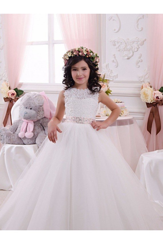 Affordable Ivory Ball Gown Bateau Chapel Train Sleeveless Flower Girl Dress