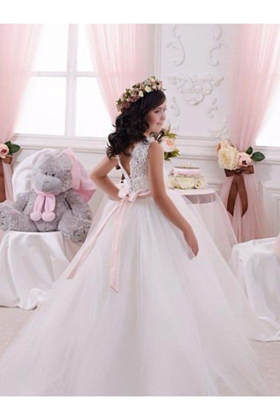 Affordable Ivory Ball Gown Bateau Chapel Train Sleeveless Flower Girl Dress