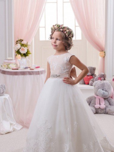 Affordable Ivory Ball Gown Bateau Neck Chapel Train V-Back Flower Girl Dress
