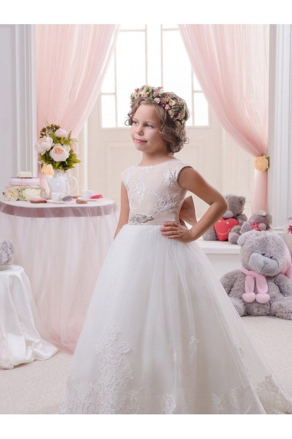 Affordable Ivory Ball Gown Bateau Neck Chapel Train V-Back Flower Girl Dress