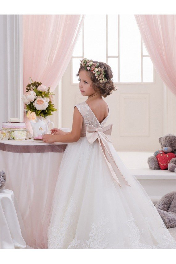 Affordable Ivory Ball Gown Bateau Neck Chapel Train V-Back Flower Girl Dress