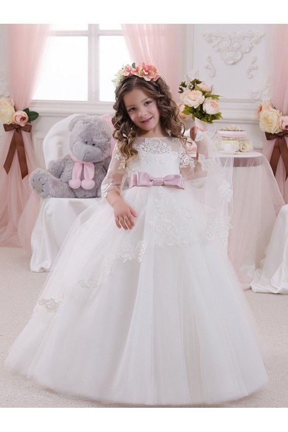 Affordable Ivory Ball Gown Bateau Neck Long Chapel Train Sleeveless Flower Girl Dress