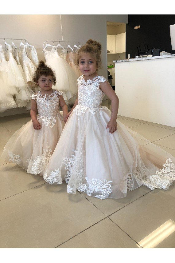 Affordable Ivory Ball Gown Chapel Train Sleeveless V-Back Flower Girl Dress