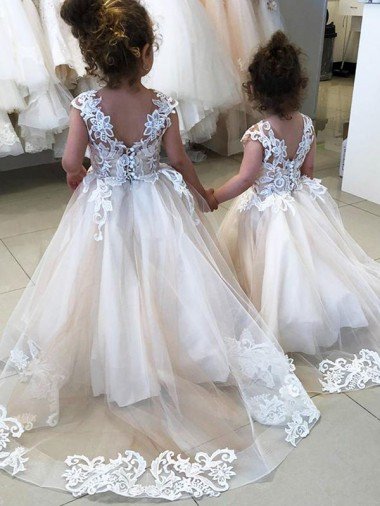 Affordable Ivory Ball Gown Chapel Train Sleeveless V-Back Flower Girl Dress