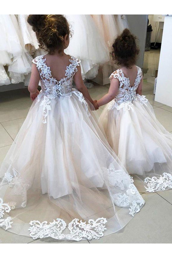 Affordable Ivory Ball Gown Chapel Train Sleeveless V-Back Flower Girl Dress