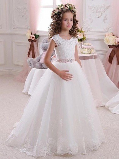 Affordable Ivory Ball Gown High Neck Floor Length Keyhole Back Flower Girl Dress