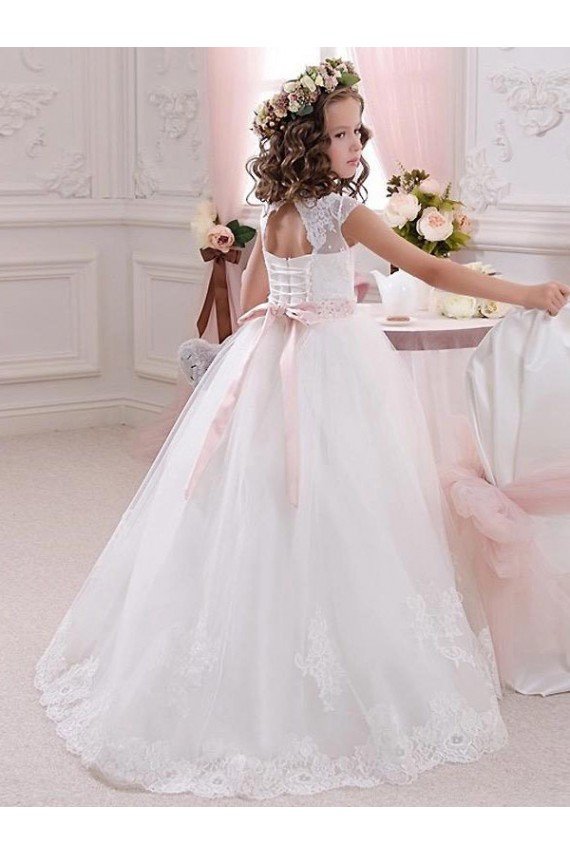 Affordable Ivory Ball Gown High Neck Floor Length Keyhole Back Flower Girl Dress