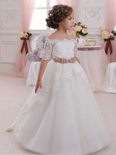 Affordable Ivory Ball Gown High Neck Floor Length Short Sleeve Flower Girl Dress