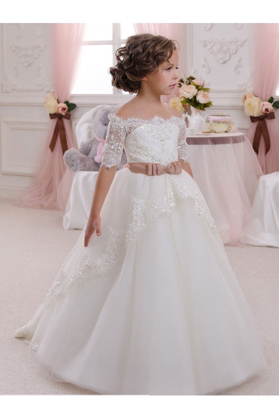 Affordable Ivory Ball Gown High Neck Floor Length Short Sleeve Flower Girl Dress
