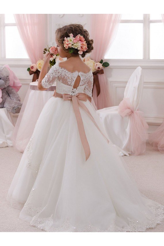 Affordable Ivory Ball Gown High Neck Floor Length Short Sleeve Flower Girl Dress