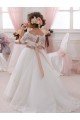 Affordable Ivory Ball Gown High Neck Floor Length Short Sleeve Flower Girl Dress