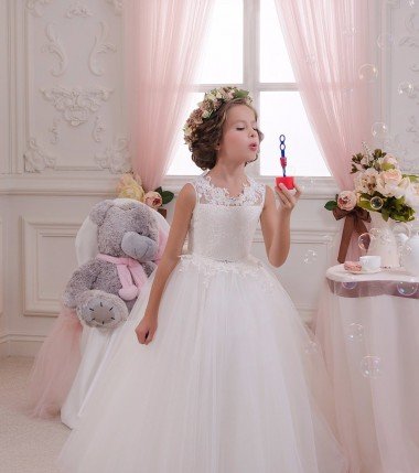 Affordable Ivory Ball Gown High Neck Floor Length Sleeveless Flower Girl Dress
