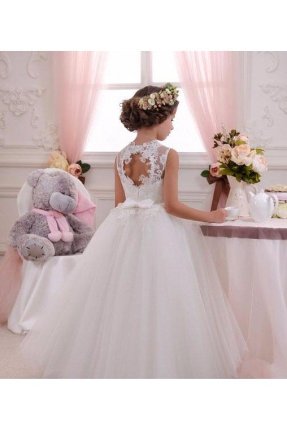 Affordable Ivory Ball Gown High Neck Floor Length Sleeveless Flower Girl Dress