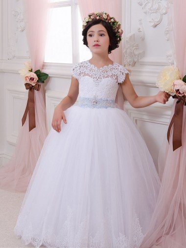 Affordable Ivory Ball Gown Sweetheart Chapel Train Cap Sleeve Flower Girl Dress
