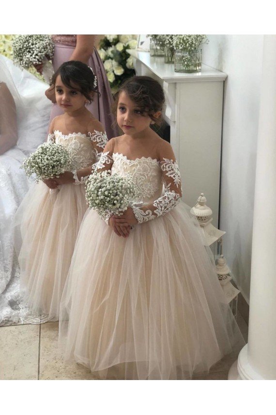 Affordable Ivory Ball Gown Sweetheart Chapel Train Long Sleeve Flower Girl Dress