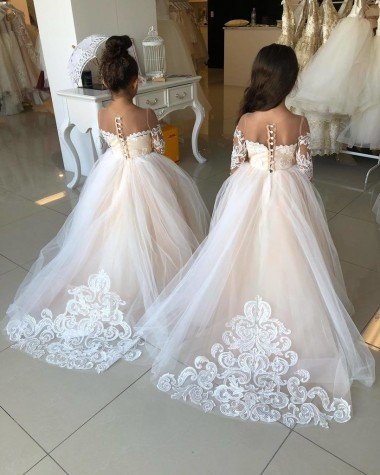 Affordable Ivory Ball Gown Sweetheart Chapel Train Long Sleeve Flower Girl Dress