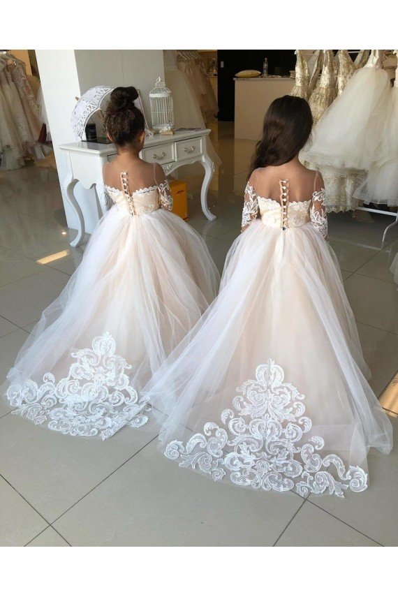 Affordable Ivory Ball Gown Sweetheart Chapel Train Long Sleeve Flower Girl Dress