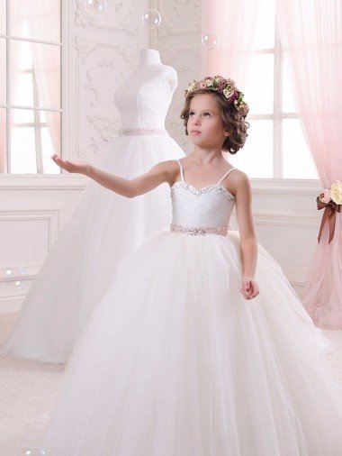 Affordable Ivory Ball Gown Sweetheart Chapel Train Sleeveless Flower Girl Dress