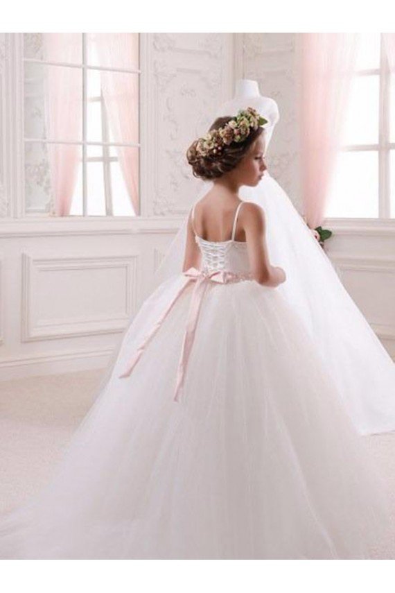 Affordable Ivory Ball Gown Sweetheart Chapel Train Sleeveless Flower Girl Dress