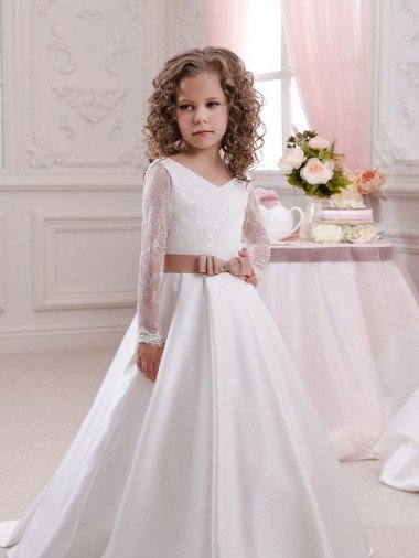 Affordable Ivory Ball Gown V-Neck Chapel Train Long Sleeve Flower Girl Dress