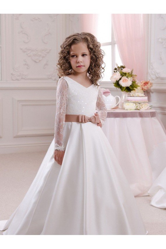 Affordable Ivory Ball Gown V-Neck Chapel Train Long Sleeve Flower Girl Dress