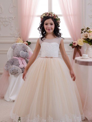 Affordable Ivory & Champagne Ball Gown Sweetheart Floor Length Sleeveless Flower Girl Dress