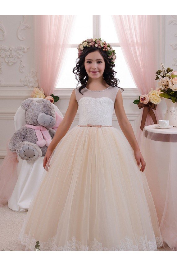 Affordable Ivory & Champagne Ball Gown Sweetheart Floor Length Sleeveless Flower Girl Dress