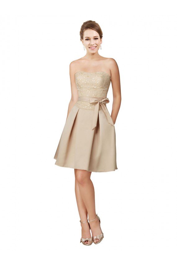 Affordable Short Classic Beaded Lace and Satin Bridesmaid Dress with Matching Satin Tie Sash