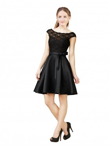 Affordable Lace and Satin Cocktail Bridesmaid Dress with V-Back