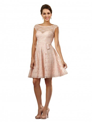 Affordable Short Knee Length Lace Bridesmaid Dress with Matching Chiffon Tie Sash