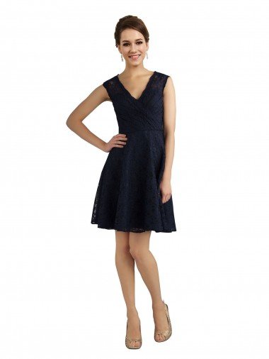 Affordable Short V-Neck Lace Cocktail Bridesmaid Dress with Illusion Back