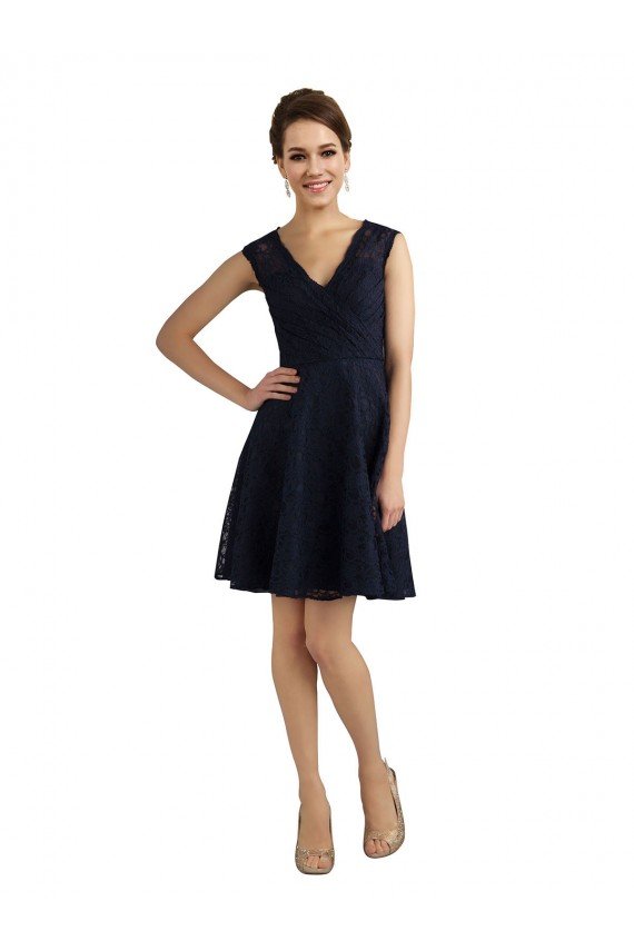 Affordable Short V-Neck Lace Cocktail Bridesmaid Dress with Illusion Back