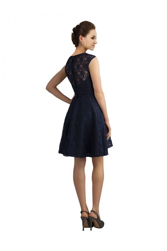 Affordable Short V-Neck Lace Cocktail Bridesmaid Dress with Illusion Back