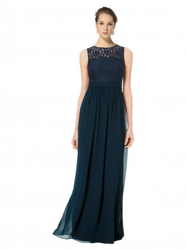 Affordable Long Chiffon Bridesmaid Dress with Lace Sleeveless Bodice and Keyhole Back