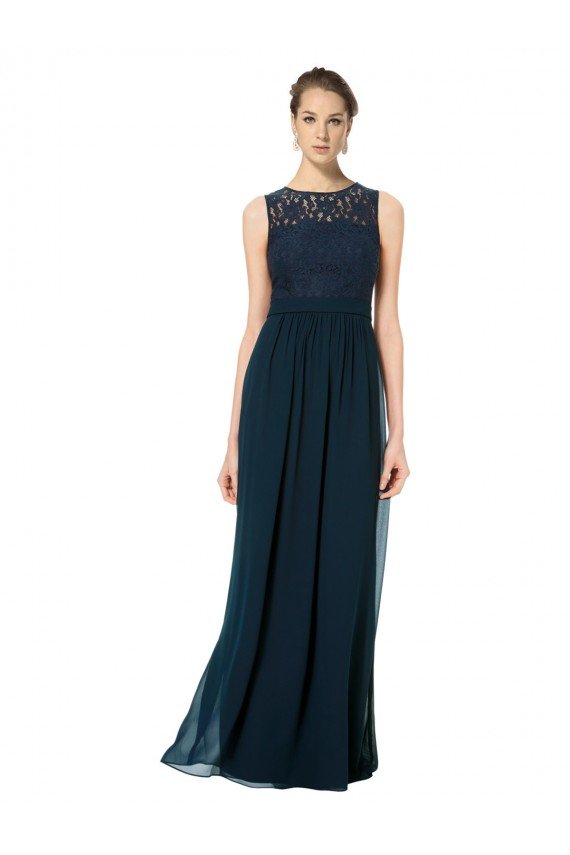 Affordable Long Chiffon Bridesmaid Dress with Lace Sleeveless Bodice and Keyhole Back