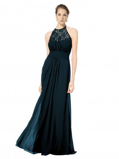 Affordable Lace Halter Bodice Long Chiffon Bridesmaid Dress