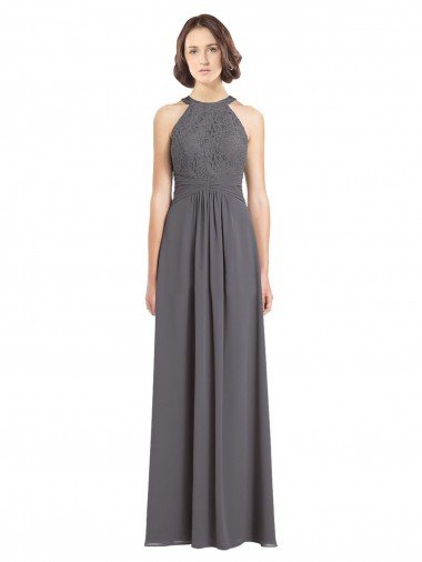 Affordable Long Chiffon Bridesmaid Dress with Corded Lace Bodice