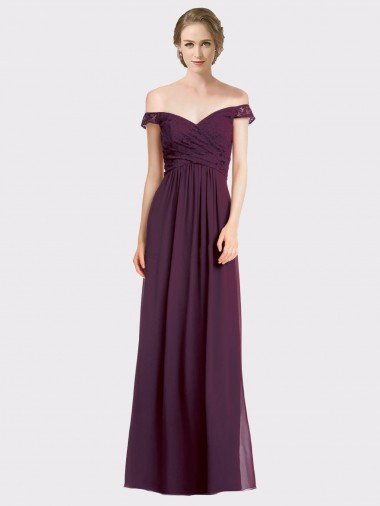 Affordable Sweetheart Long Bridesmaid Dress with Off the Shoulder Cap Sleeve Lace Bodice