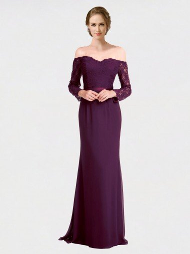 Affordable Full Length Long Bridesmaid Dress with Lace Off The Shoulder Bodice