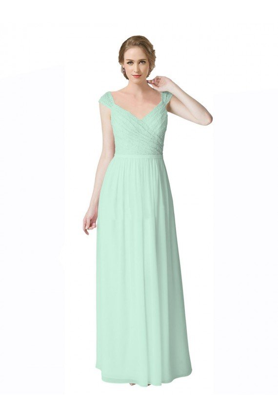 Affordable Long Chiffon Bridesmaid Dress with Corded Lace V-Neck Bodice