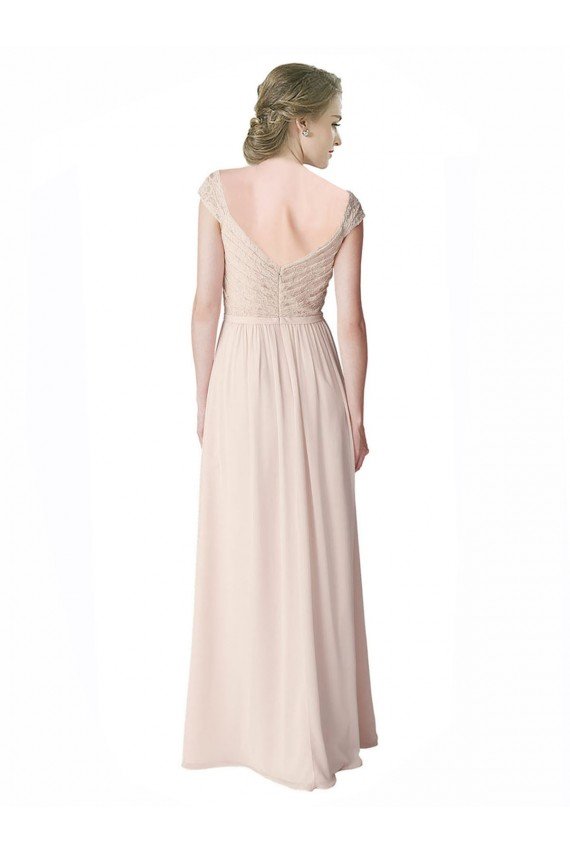 Affordable Long Chiffon Bridesmaid Dress with Corded Lace V-Neck Bodice