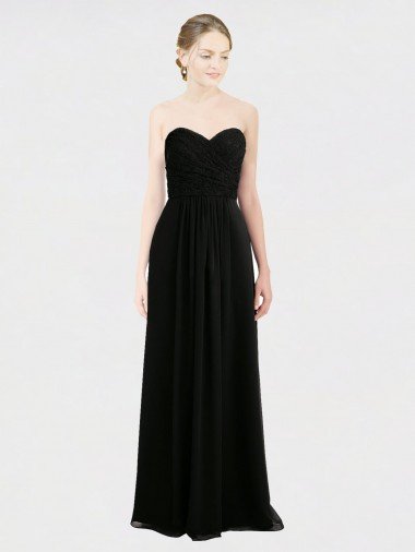 Affordable Long Strapless Lace Bodice Bridesmaid Dress with Sweetheart Neckline and Criss-Cross Pleats