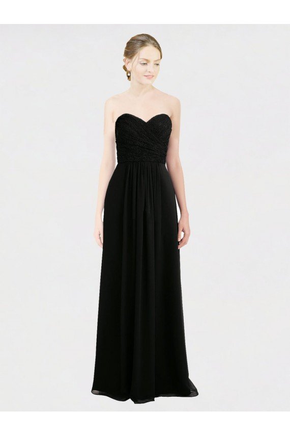 Affordable Long Strapless Lace Bodice Bridesmaid Dress with Sweetheart Neckline and Criss-Cross Pleats