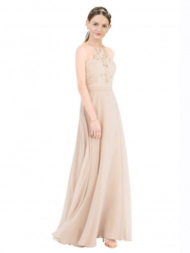 Affordable High Halter Neck Illusion Lace Bridesmaid Dress / Prom Dress with Chiffon Skirt and Keyhole Back