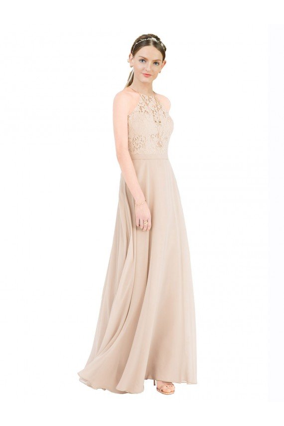 Affordable High Halter Neck Illusion Lace Bridesmaid Dress / Prom Dress with Chiffon Skirt and Keyhole Back