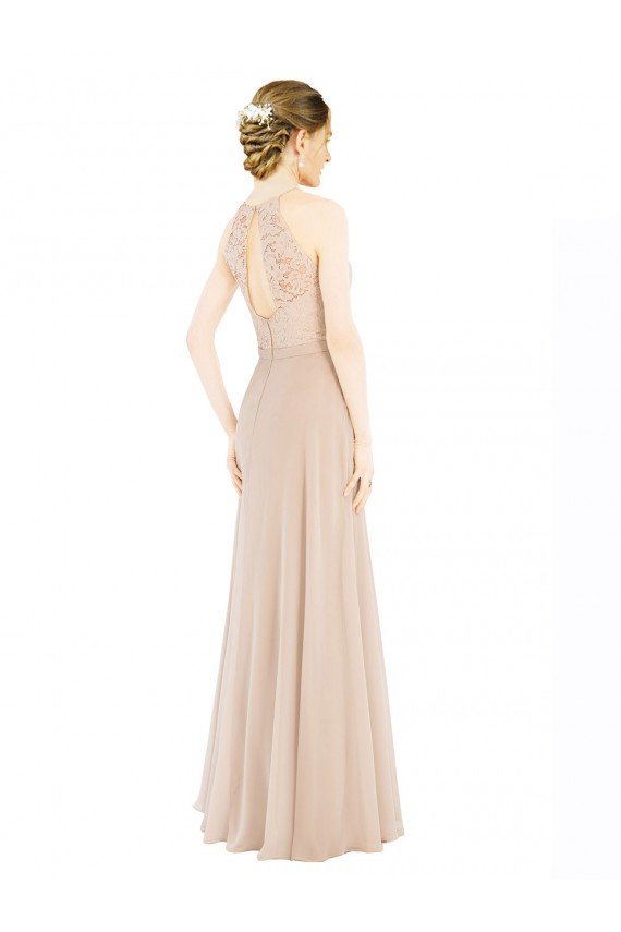 Affordable High Halter Neck Illusion Lace Bridesmaid Dress / Prom Dress with Chiffon Skirt and Keyhole Back